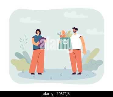 Happy cartoon activist holding recycle bag with food Stock Vector