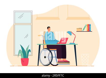 Cartoon man in wheelchair working at computer Stock Vector