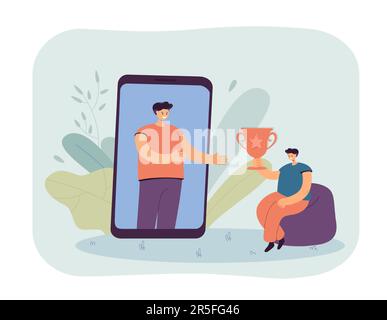 Son showing trophy to father via video call Stock Vector