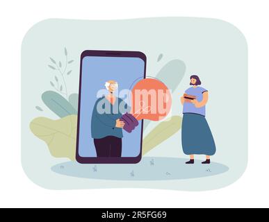 Elderly person giving lightbulb to woman through huge smartphone Stock Vector