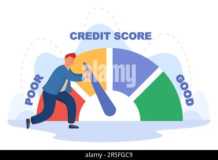 Customer pushing arrow of credit score on mortgage speedometer Stock Vector