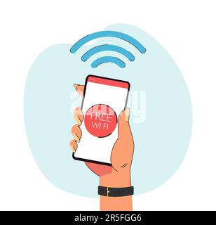 Hand holding smartphone with free Wi-Fi symbol on screen Stock Vector