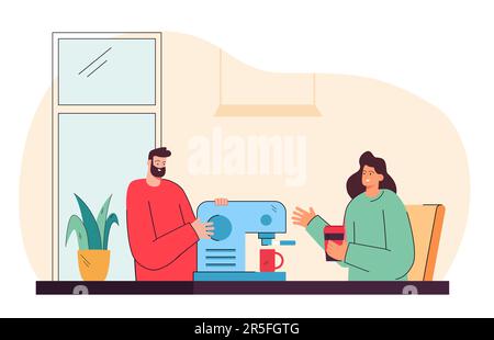 Male and female characters making coffee using coffee machine Stock Vector