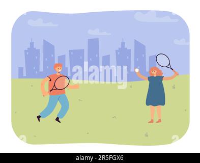 Boy and girl playing badminton on city background Stock Vector