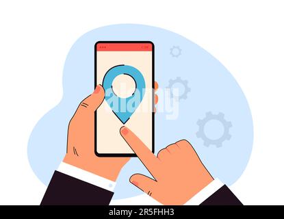 Hand of businessman touching route sign on mobile phone screen Stock Vector