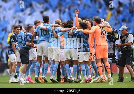 London, UK. 3rd June, 2023. Manchester City players celebrate winning the trophy during the The FA Cup match at Wembley Stadium, London. Picture credit should read: Gary Oakley/Sportimage Credit: Sportimage Ltd/Alamy Live News Stock Photo