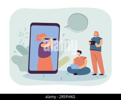 Cute cartoon girl playing clarinet on huge phone screen Stock Vector