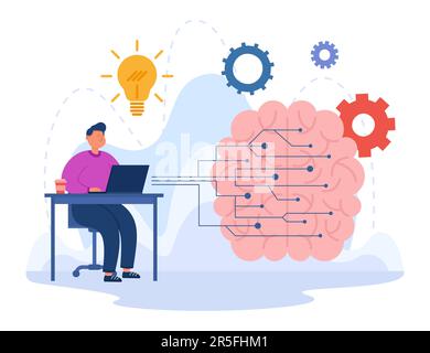 Brain with neural network and tiny engineer working at laptop Stock Vector