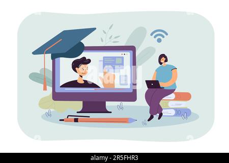 Big computer screen and female student watching online lecture Stock Vector