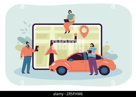 City map on tablet and tiny people sharing transport Stock Vector