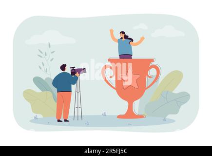 Photographer taking photo of woman in giant gold cup Stock Vector