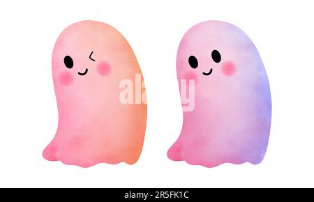 Set of watercolor pink and yellow baby ghost illustration.Halloween pink ghost clipart.Halloween ghost decoration,Party invitation. Stock Photo