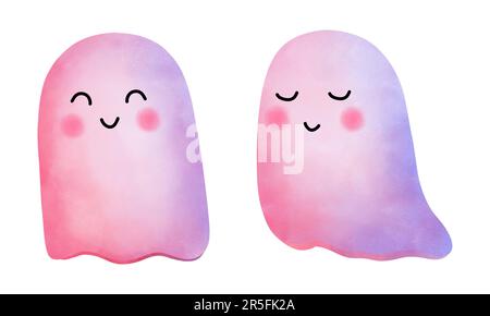 Set of watercolor baby pink ghosts illustration.Halloween pink ghost clipart.Halloween ghost decoration,Party invitation. Stock Photo