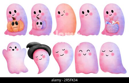 Set of watercolor baby pink ghost illustration.Pink ghost,basket and halloween pumpkin clipart.Halloween decoration,invitation. Stock Photo