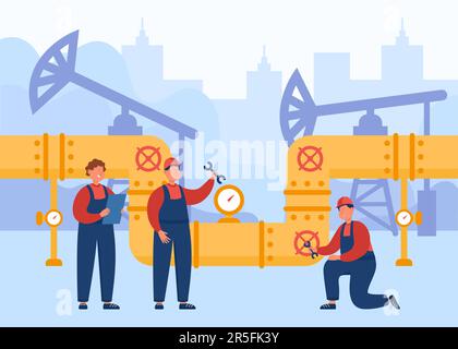 Team of engineers and workers controlling oil or gas pipeline Stock Vector