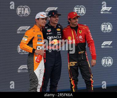 Barcelona, Spain. 03rd June, 2023. Motorsport: Formula 1 World Championship, Spanish Grand Prix, Qualifying. Pole position for Max Verstappen from the Netherlands from Team Oracle Red Bull (m), 2nd grid position for Carlos Sainz from Spain from Team Ferrari (r), 3rd grid position for Lando Norris from Great Britain from Team McLaren. Credit: Hasan Bratic/dpa/Alamy Live News Stock Photo