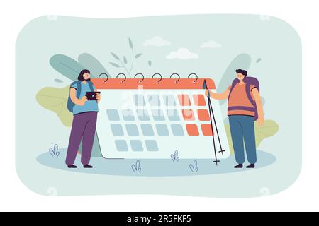 Tourists planning hiking trip in front of big calendar Stock Vector