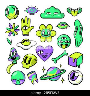 Neon cartoon stickers of crazy mushroom, flower, cloud, heart Stock Vector