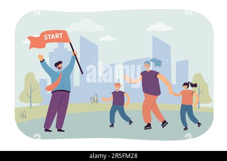 Happy cartoon family roller skating outside Stock Vector