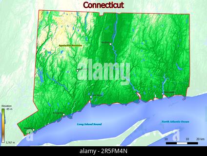 The physical map of Connecticut displays a varied terrain with rolling hills, fertile river valleys, and dense forests. Stock Photo