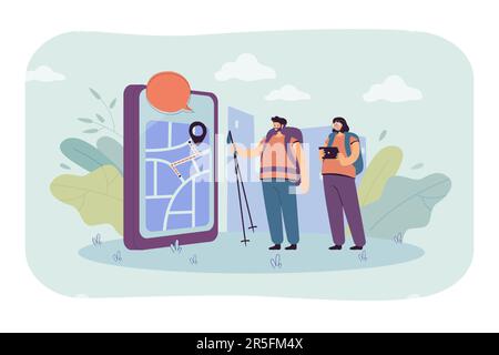 Tiny backpackers looking at smartphone with map and route on it Stock Vector