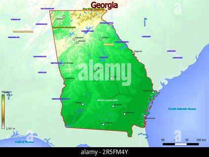 Physical map of Georgia shows topography such as mountains, hills, plains, bridges, rivers, lakes Stock Photo