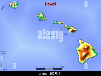 The physical map of Hawaii displays a varied terrain with rolling hills, fertile river valleys, and dense forests. Stock Photo