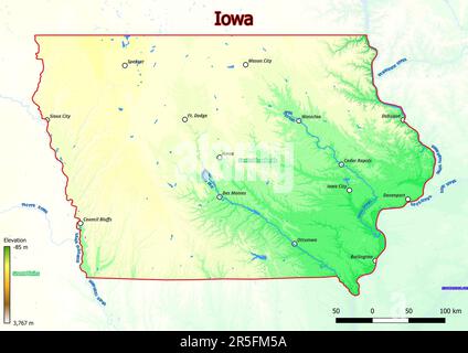 Physical map of Iowa shows landform features such as mountains, hills, plains, bridges, rivers, lakes Stock Photo