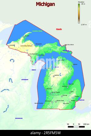 Physical Map Of Michigan Stock Photo Alamy Physical Map Of Michigan Shows Landform Features Such As Mountains Hills Plains Bridges Rivers Lakes 2r5fm5w