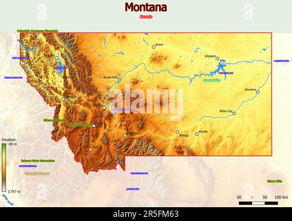 Physical map of Montana shows landform features such as mountains, hills, plains, bridges, rivers, lakes Stock Photo