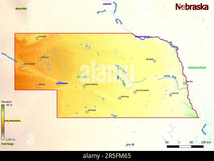 Nebraska State Political Map Stock Photo Alamy   Physical Map Of Nebraska Shows Landform Features Such As Mountains Hills Plains Bridges Rivers Lakes 2r5fm65 