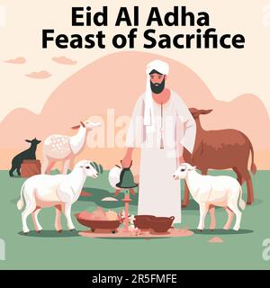 Eid Al Adha Feast of Sacrifice flat vector illustration. Stock Vector