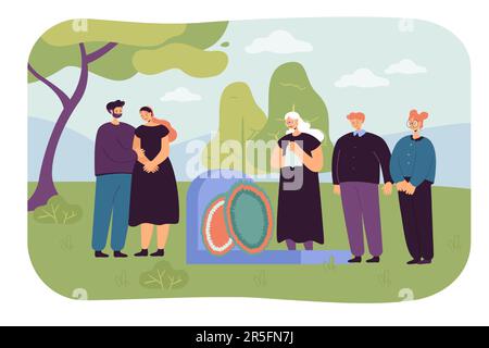 Cartoon family in mourning clothes crying at headstone Stock Vector