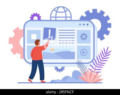 Content creator cartoon character adding information online Stock Vector