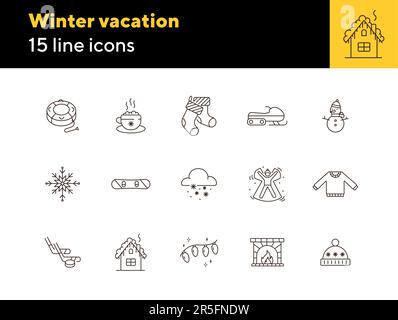 Winter vacation line icon set with Christmas fairy lights Stock Vector