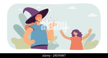 Woman in witch hat making magic for cute girl Stock Vector