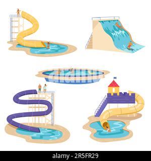 People relaxing at waterpark vector illustrations set Stock Vector