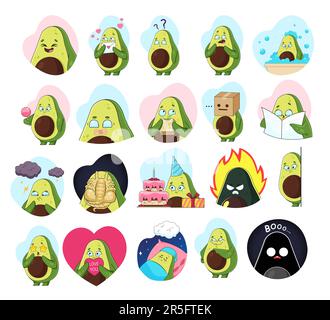 Funny avocado cartoon character sticker set Stock Vector