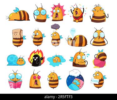 Face expressions of cute bee cartoon character sticker set Stock Vector