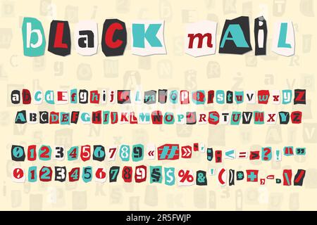 Color ransom collage style letters numbers and punctuation marks cut from newspapers and magazines. Vintage ABC collection. Red, white, black and Stock Vector