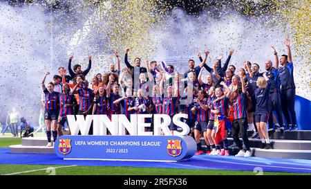 Eindhoven, Netherlands. 3rd June, 2023. Players of Barcelona celebrate their victory and lift the trophy during the ceremony during the UEFA Womens Champions League Final football match between FC Barcelona and VFL Wolfsburg at PSV Stadion in Eindhoven, Netherlands. (Daniela Porcelli/SPP) Credit: SPP Sport Press Photo. /Alamy Live News Stock Photo