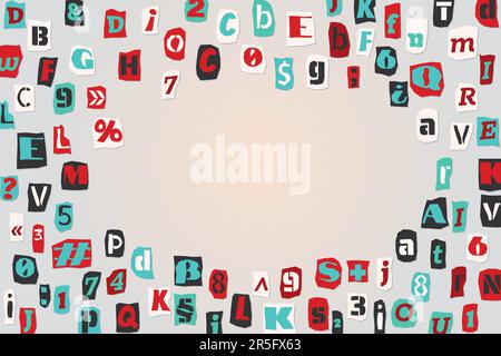 Color ransom collage style letters numbers and punctuation marks cut from newspapers and magazines background. Vintage ABC collection. Red, white Stock Vector