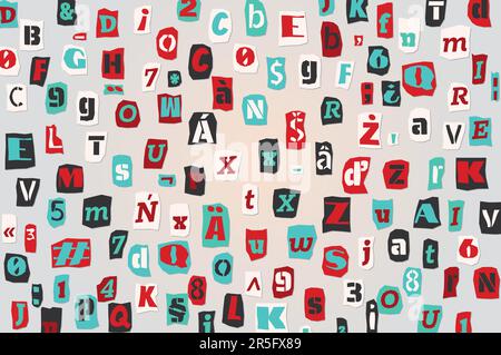 Color ransom collage style letters numbers and punctuation marks cut from newspapers and magazines background. Vintage ABC collection. Red, white Stock Vector