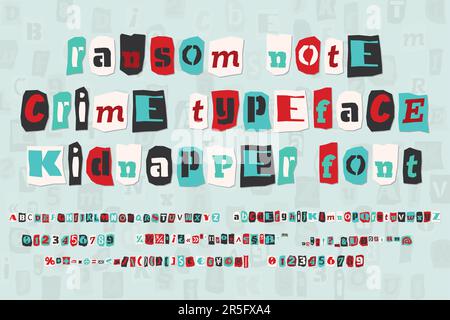 Color ransom collage style letters numbers and punctuation marks cut from newspapers and magazines. Vintage ABC collection. Red, white, black and Stock Vector