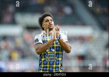 Newcastle, England - 3rd June 2023 - Derrell Olpherts (16) of Leeds Rhinos celebrates try. Rugby League Magic Weekend, Wigan Warriors vs Catalan Dragons at St James Park, Newcastle, UK Credit: Dean Williams/Alamy Live News Stock Photo