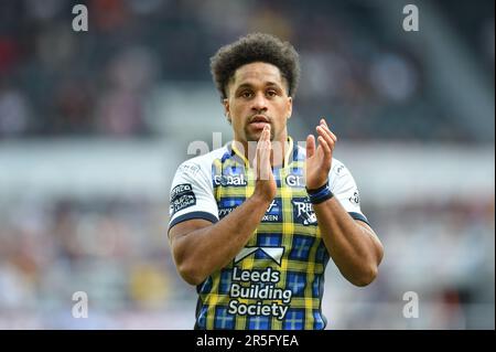 Newcastle, England - 3rd June 2023 - Derrell Olpherts (16) of Leeds Rhinos celebrates try. Rugby League Magic Weekend, Wigan Warriors vs Catalan Dragons at St James Park, Newcastle, UK Credit: Dean Williams/Alamy Live News Stock Photo