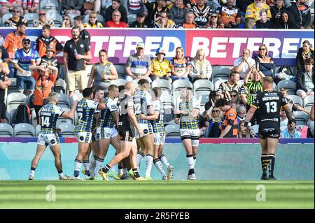 Newcastle, England - 3rd June 2023 - Derrell Olpherts (16) of Leeds Rhinos celebrates try. Rugby League Magic Weekend, Wigan Warriors vs Catalan Dragons at St James Park, Newcastle, UK Credit: Dean Williams/Alamy Live News Stock Photo