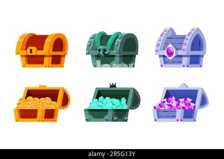 Closed and open treasure chests vector illustration set Stock Vector