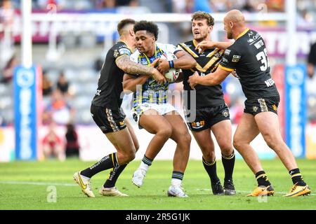 Newcastle, England - 3rd June 2023 - Derrell Olpherts (16) of Leeds Rhinos tackled. Rugby League Magic Weekend, Wigan Warriors vs Catalan Dragons at St James Park, Newcastle, UK Credit: Dean Williams/Alamy Live News Stock Photo