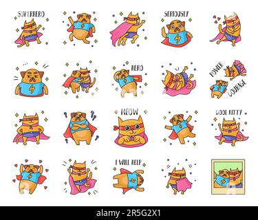 Cat and dog cartoon characters as superheroes sticker set Stock Vector